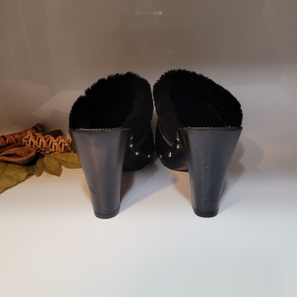 Coach Ivanka Suede Fur-Trimmed Clog Mule Heels In Black - Picture 6 of 7